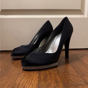 Stuart Weitzman Black Peep-Toe High Heels with Rhinestone Trim